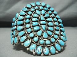 One Of Best Vintage Navajo Blue Gem Turquoise Sterling Silver Cluster Bracelet