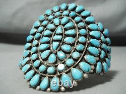 One Of Best Vintage Navajo Blue Gem Turquoise Sterling Silver Cluster Bracelet