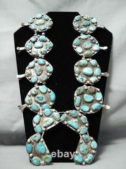 One Of Biggest Vintage Navajo Turquoise Sterling Silver Squash Blossom Necklace