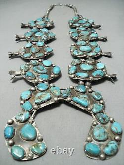 One Of Biggest Vintage Navajo Turquoise Sterling Silver Squash Blossom Necklace