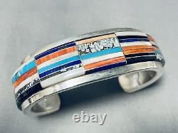 One Of Most Intricate Vintage Navajo Turquoise Inlay Sterling Silver Bracelet