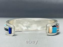 One Of Most Intricate Vintage Navajo Turquoise Inlay Sterling Silver Bracelet