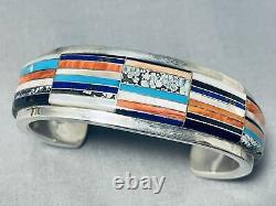 One Of Most Intricate Vintage Navajo Turquoise Inlay Sterling Silver Bracelet