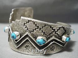 One Of Most Unique Ever Vintage Navajo Pueblo Sterling Silver Turquoise Bracelet