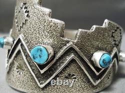 One Of Most Unique Ever Vintage Navajo Pueblo Sterling Silver Turquoise Bracelet