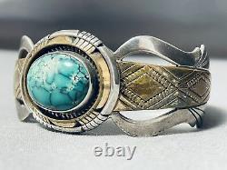 One Of Most Unique Ever Vintage Navajo Turquoise Gold Sterling Silver Bracelet