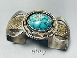 One Of Most Unique Ever Vintage Navajo Turquoise Gold Sterling Silver Bracelet