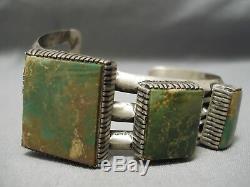 One Of The Best Vintage Navajo Squared Green Turquoise Sterling Silver Bracelet