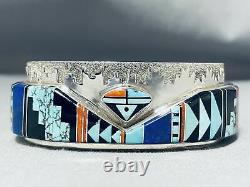 One Of The Best Vintage Navajo Turquoise Inlay Sterling Silver Bracelet