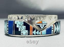 One Of The Best Vintage Navajo Turquoise Inlay Sterling Silver Bracelet