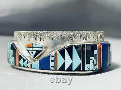 One Of The Best Vintage Navajo Turquoise Inlay Sterling Silver Bracelet