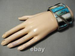 One Of The Best Vintage Navajo Turquoise Inlay Sterling Silver Bracelet Old