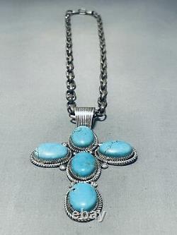 One Of The Biggest Vintage Navajo Turquoise Cross Sterling Silver Necklace