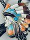 One Of The Most Detailed Vintage Navajo Turquoise Sterling Silver Chief Bolo Tie
