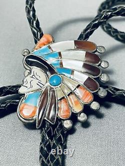 One Of The Most Detailed Vintage Navajo Turquoise Sterling Silver Chief Bolo Tie