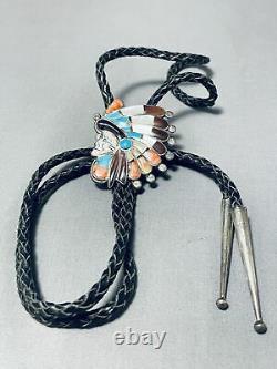 One Of The Most Detailed Vintage Navajo Turquoise Sterling Silver Chief Bolo Tie