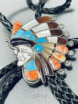 One Of The Most Detailed Vintage Navajo Turquoise Sterling Silver Chief Bolo Tie