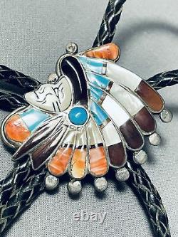 One Of The Most Detailed Vintage Navajo Turquoise Sterling Silver Chief Bolo Tie