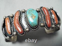 Opulent Vintage Navajo Royston Turquoise Coral Sterling Silver Bracelet