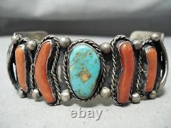 Opulent Vintage Navajo Royston Turquoise Coral Sterling Silver Bracelet