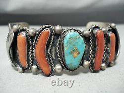 Opulent Vintage Navajo Royston Turquoise Coral Sterling Silver Bracelet