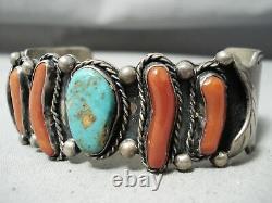 Opulent Vintage Navajo Royston Turquoise Coral Sterling Silver Bracelet