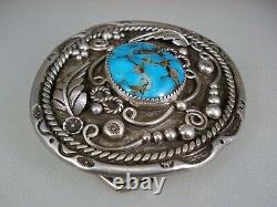 Ornate Vintage Navajo Sterling Silver & Turquoise Belt Buckle