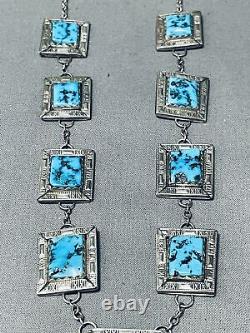 Palatial Vintage Navajo Squared Turquoise Sterling Silver Necklace