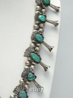 Quality Vintage LM Taos Navajo Turquoise Sterling Squash Blossom Necklace 28