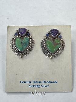 R. Chavez Vintage Navajo Sterling Blue Amethyst Turquoise Heart Earrings