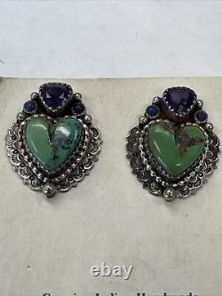 R. Chavez Vintage Navajo Sterling Blue Amethyst Turquoise Heart Earrings