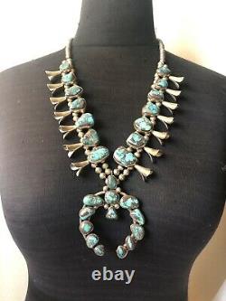 RARE Vintage NAVAJO Sterling Silver BISBEE TURQUOISE Squash Blossom NECKLACE