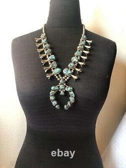 RARE Vintage NAVAJO Sterling Silver BISBEE TURQUOISE Squash Blossom NECKLACE