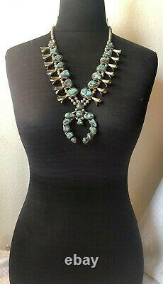 RARE Vintage NAVAJO Sterling Silver BISBEE TURQUOISE Squash Blossom NECKLACE