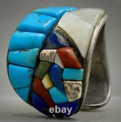 RARE Vintage Navajo Sterling Silver Cobblestone Inlay Turquoise Cuff Bracelet