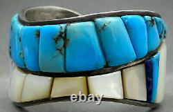 RARE Vintage Navajo Sterling Silver Cobblestone Inlay Turquoise Cuff Bracelet