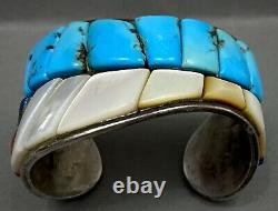 RARE Vintage Navajo Sterling Silver Cobblestone Inlay Turquoise Cuff Bracelet