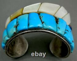 RARE Vintage Navajo Sterling Silver Cobblestone Inlay Turquoise Cuff Bracelet