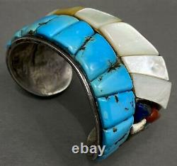 RARE Vintage Navajo Sterling Silver Cobblestone Inlay Turquoise Cuff Bracelet