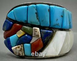 RARE Vintage Navajo Sterling Silver Cobblestone Inlay Turquoise Cuff Bracelet