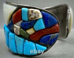 RARE Vintage Navajo Sterling Silver Cobblestone Inlay Turquoise Cuff Bracelet