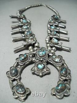 Rare Bisbee Turquoise Vintage Navajo Sterling Silver Squash Blossom Necklace