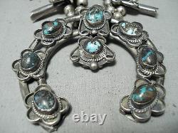 Rare Bisbee Turquoise Vintage Navajo Sterling Silver Squash Blossom Necklace