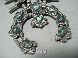 Rare Bisbee Turquoise Vintage Navajo Sterling Silver Squash Blossom Necklace