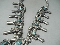 Rare Bisbee Turquoise Vintage Navajo Sterling Silver Squash Blossom Necklace