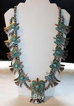 Rare Navajo Vintage Peyote Bird Squash Blossom Necklace Hand Signed J. Nelson