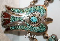 Rare Navajo Vintage Peyote Bird Squash Blossom Necklace Hand Signed J. Nelson