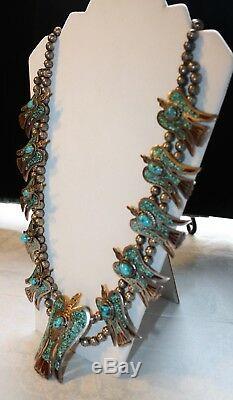 Rare Navajo Vintage Peyote Bird Squash Blossom Necklace Hand Signed J. Nelson