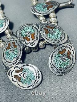 Rare Singer Vintage Navajo Turquoise Sterling Silver Squash Blossom Necklace