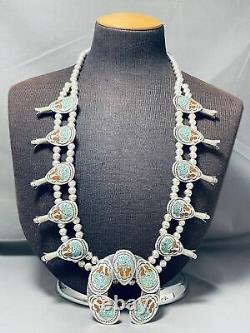 Rare Singer Vintage Navajo Turquoise Sterling Silver Squash Blossom Necklace